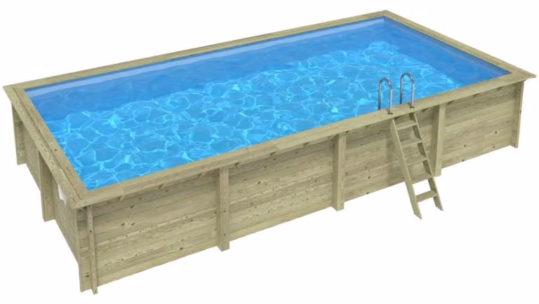 Piscina in legno AQUA 8.5 x 4.35 - H.1.45 m, azzurro chiaro, con supporti fissati al calcestruzzo
