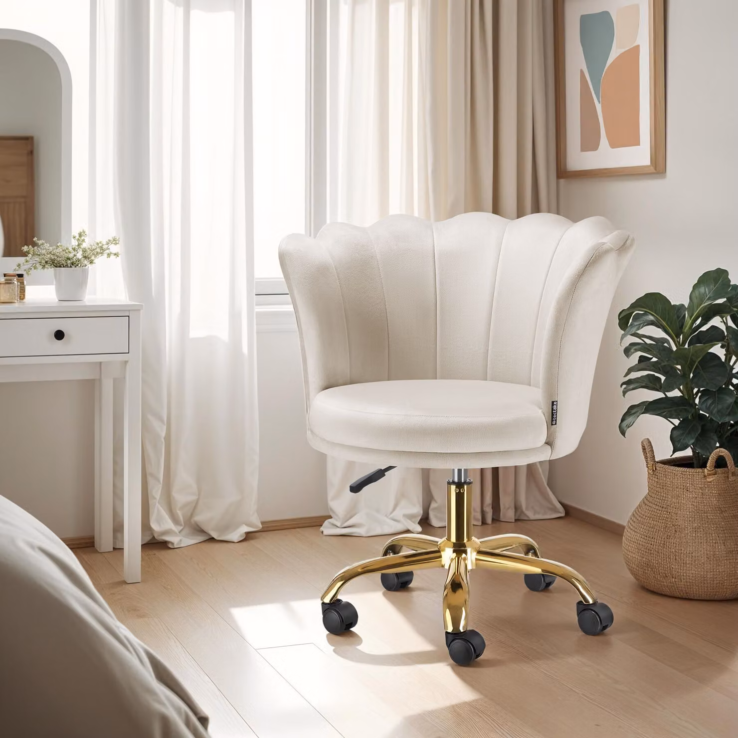 Sedia da scrivania Stella Tectake in velluto beige e oro con ruote e seduta girevole 360 gradi – 2