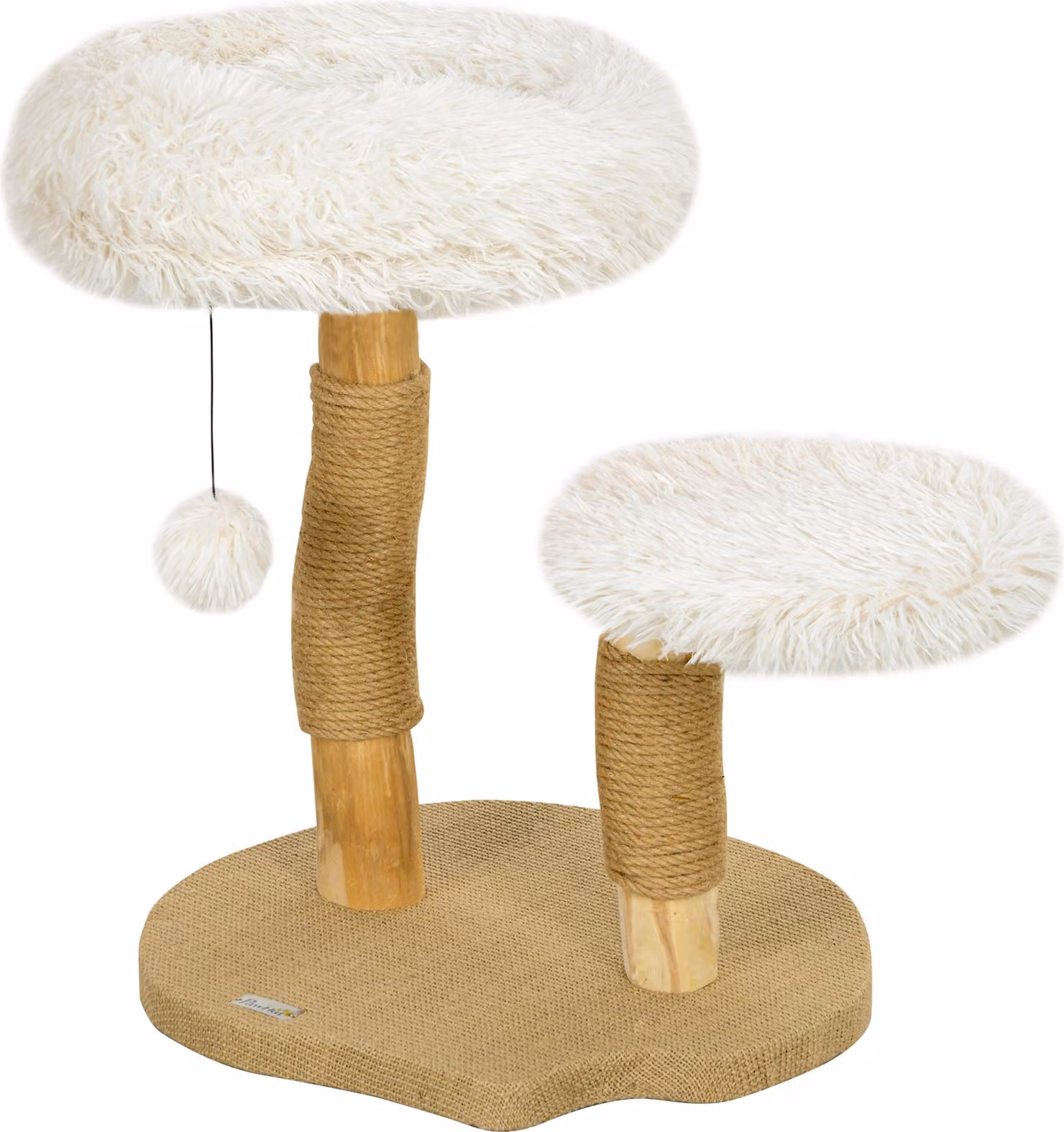 Tiragraffi alto 61,5 cm con pallina, cucce e torre dotata di pannello per graffiare, per gatti di peso inferiore a 5 kg, in legno di pero, bianco, 50 cm