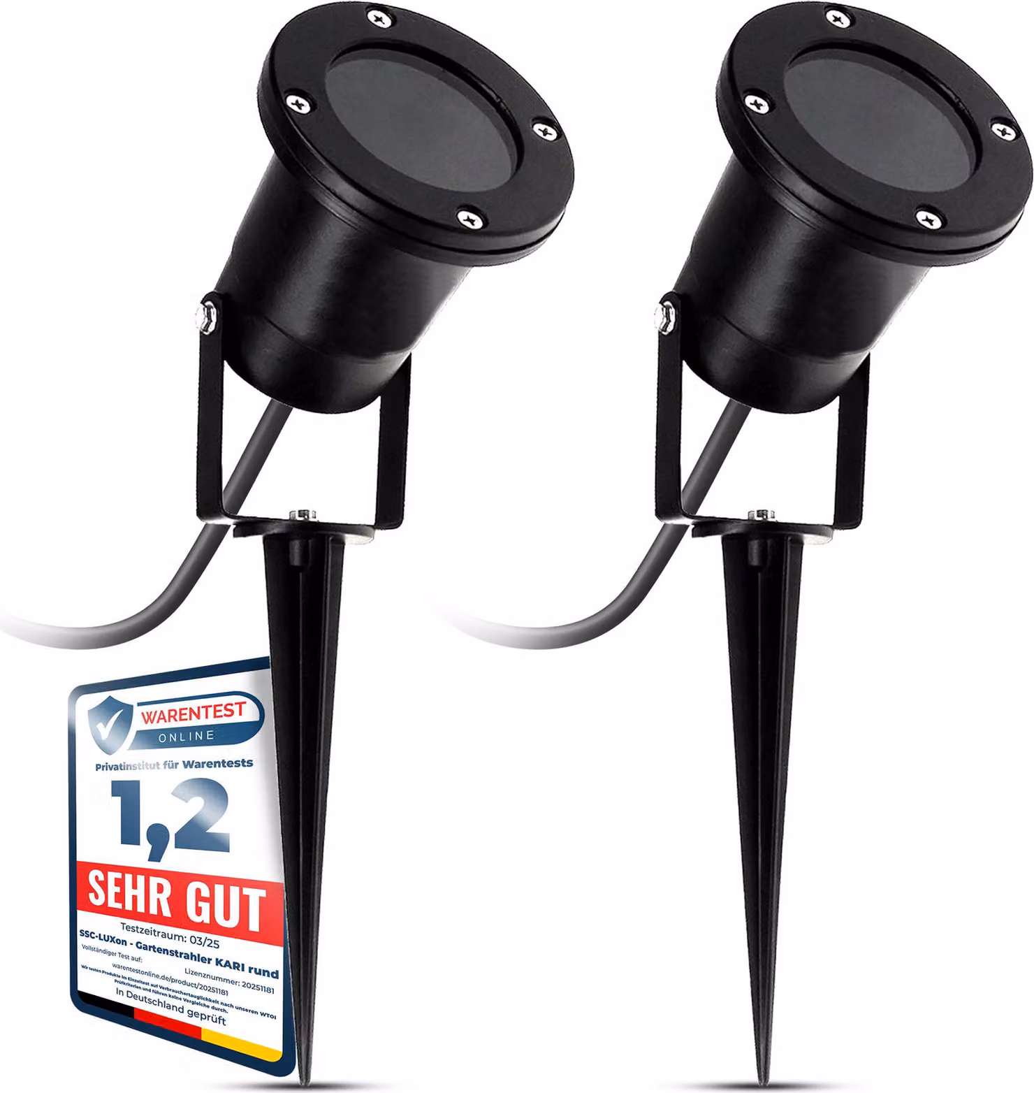 SSC-LUXon 2 faretti da giardino con picchetto da terra e cavo Schuko da 1,8 metri per uso esterno IP65 - luce da giardino presa nera per 1x GU10
