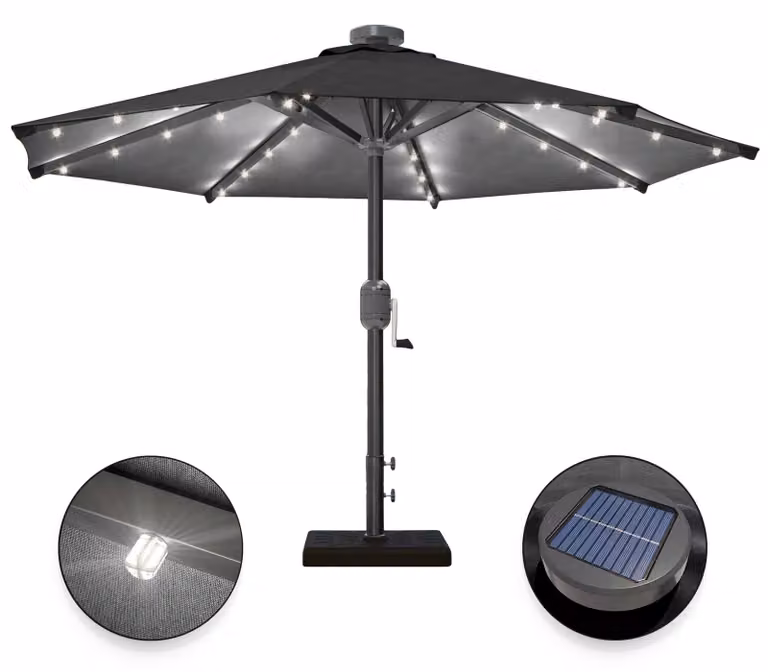 SUN MARINO | Ombrellone | Rotondo | Ø 300 cm | Nero | LED | Ombrellone a semisfera, ombrellone da mercato, ombrellone da giardino