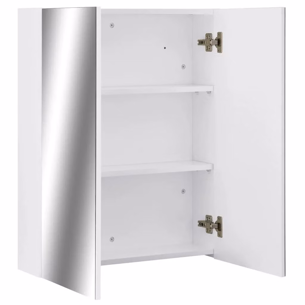 Mobiletto da bagno moderno con specchio in MDF bianco e dettagli argento, sospeso, L: 60 cm, P: 15 cm, H: 75 cm – 2