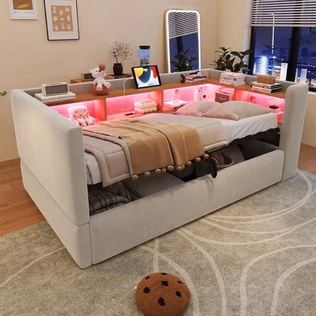 Letto imbottito contenitore singolo con LED ¨C Minimal ¨C Grigio 90x190cm