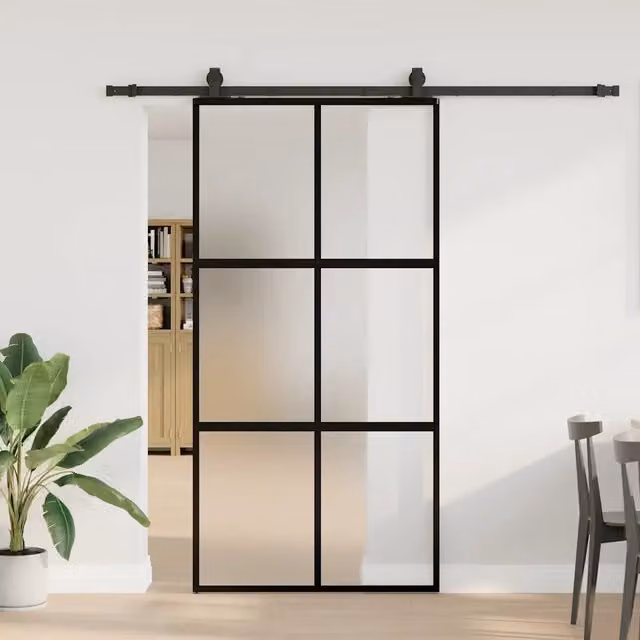 Porta Scorrevole Moderna vidaXL in Vetro Temperato e Alluminio, Colore Nero, L: 102,5 cm, H: 205 cm