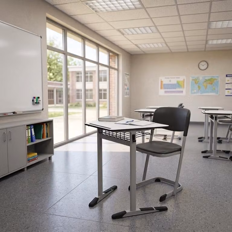Set scolastico moderno ed ergonomico, grigio: banco da scuola nero e sedia, tavolo singolo