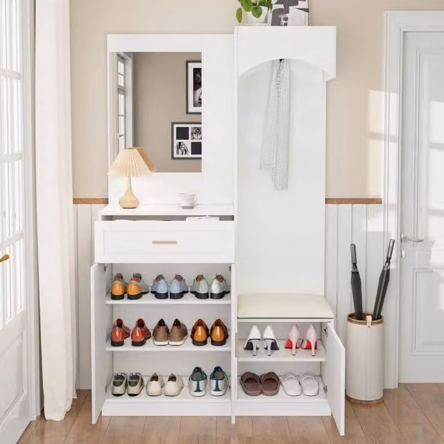 Mobile ingresso multifunzione con specchio e scarpiera con panca，guardaroba da ingresso bianco in MDF，110x33x185.5cm