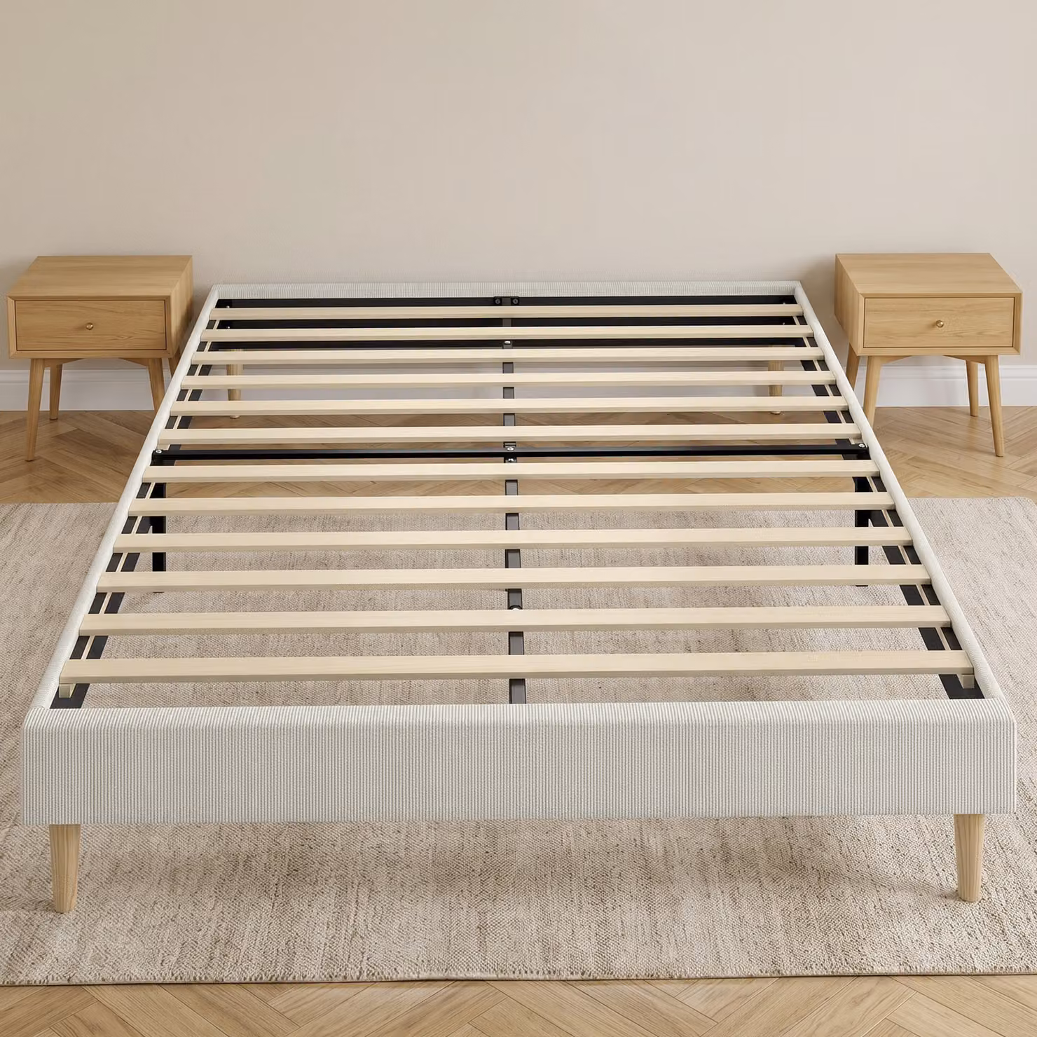 Struttura Letto Imbottita in Velluto a Coste HOMCOM con Rete in Legno, L/P/H: 140 x 190 cm, Beige – 2