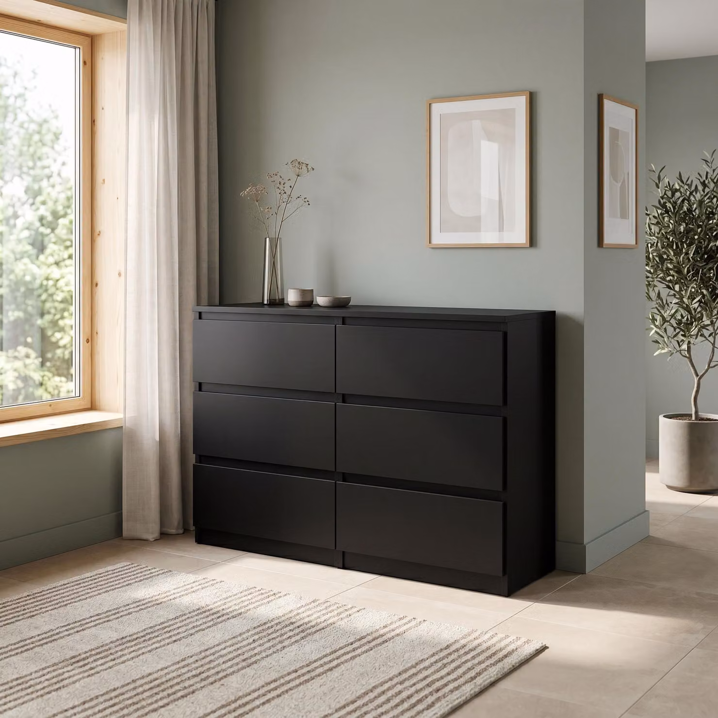 Comodà Masseno NUDO da 120 cm con 6 cassetti e ante, per soggiorno e camera da letto, stile moderno, 120x39x78,5 cm, nero / nero