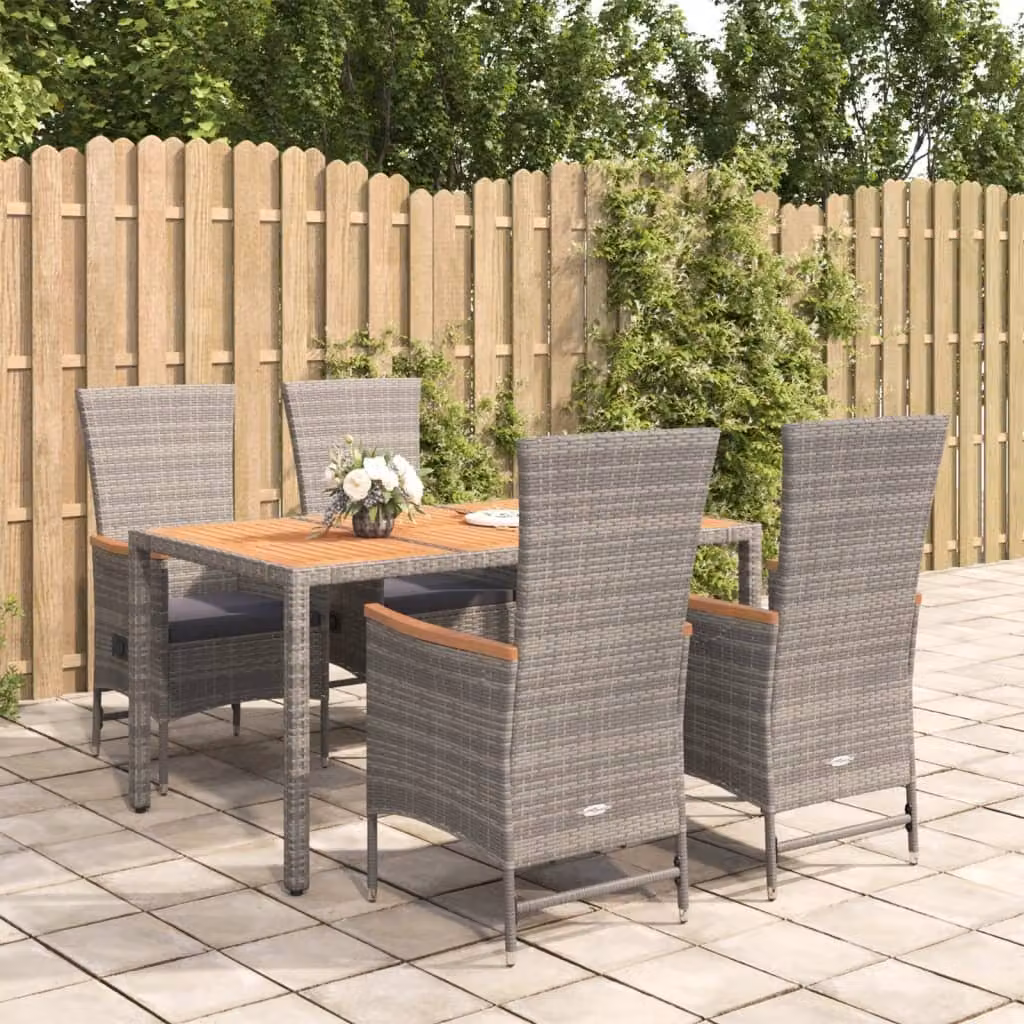 Set da pranzo da giardino vidaXL in polyrattan e legno di acacia grigio con 5 pezzi e cuscini