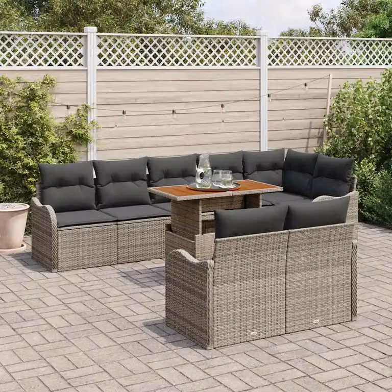 Set Divano da Giardino vidaXL 9 Pezzi a Forma di U Grigio con Tavolino e Cuscini in Rattan e Metallo