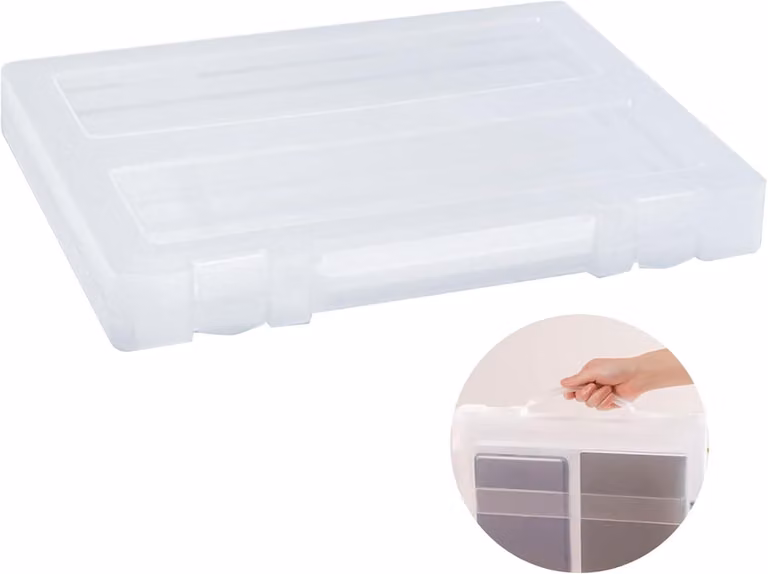 Grande contenitore in plastica trasparente con coperchio, dimensioni 355 x 275 x 35 mm, adatto per fogli A4