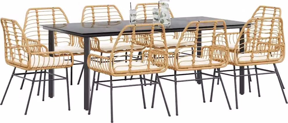 Set da Pranzo da Giardino 9 pz con Cuscini Polyrattan Vetro