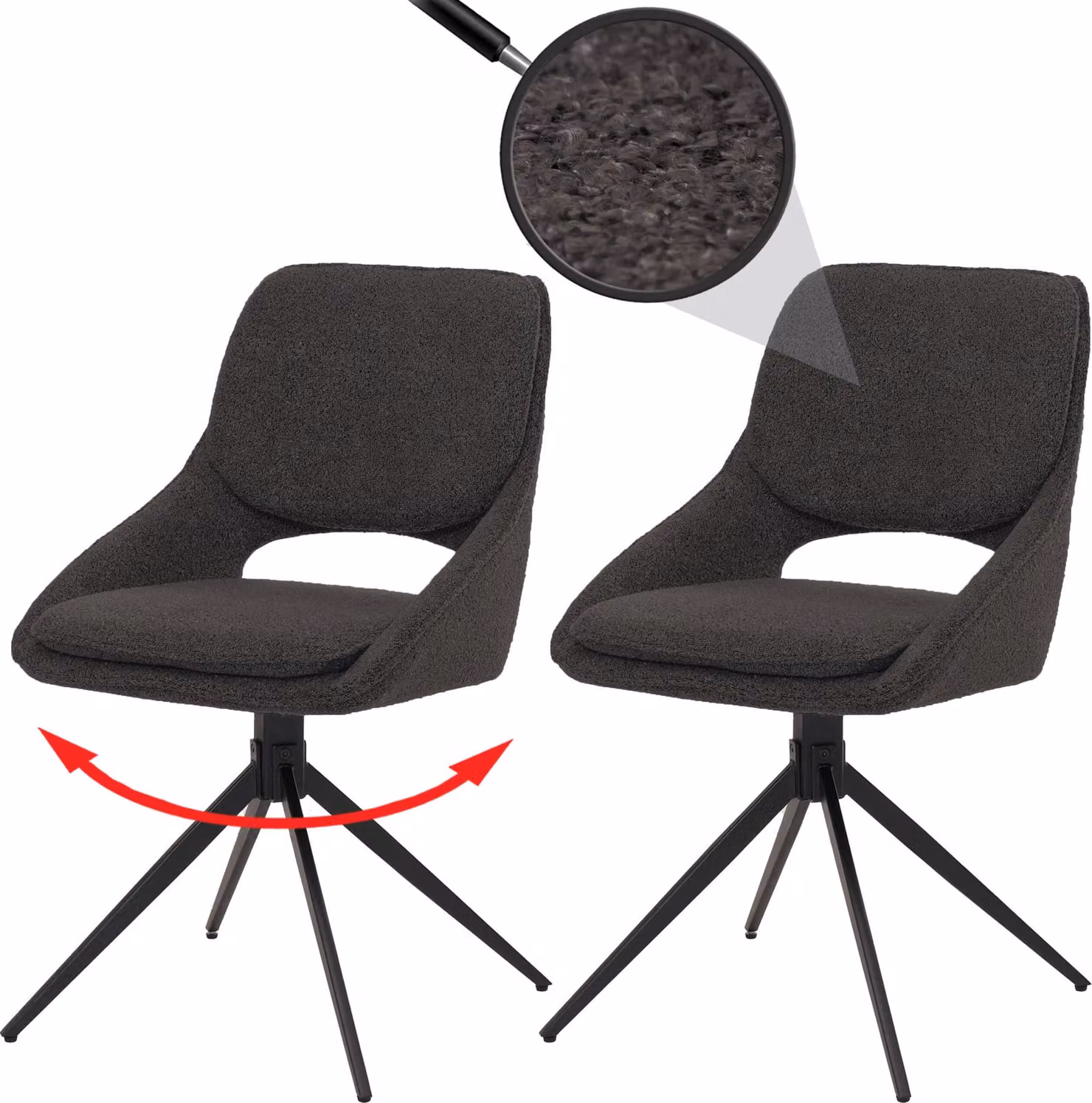 Set di 2 sedie da pranzo HWC-N73, sedie da cucina, girevoli con sistema di ritorno automatico, rivestite in tessuto boucle (540g/m²), colore grigio scuro