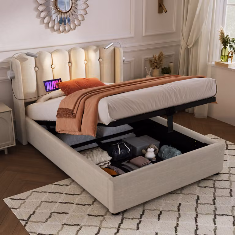 Letto imbottito Sweiko 90x200cm letto singolo luce di lettura con funzione di cassetto testiera spazio di archiviazione telaio del letto materiale di lino letto giovanile con rete a doghe, naturale