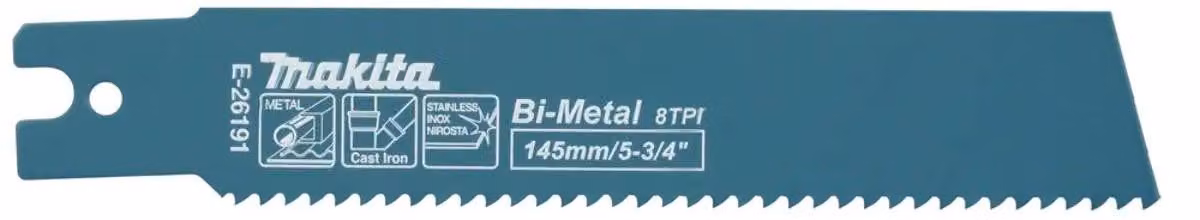 Lama per seghetto alternativo Makita 145/8Z in metallo duro (BiM) per acciaio/ghisa/acciaio inossidabile, confezione da 5 pezzi - E-26191