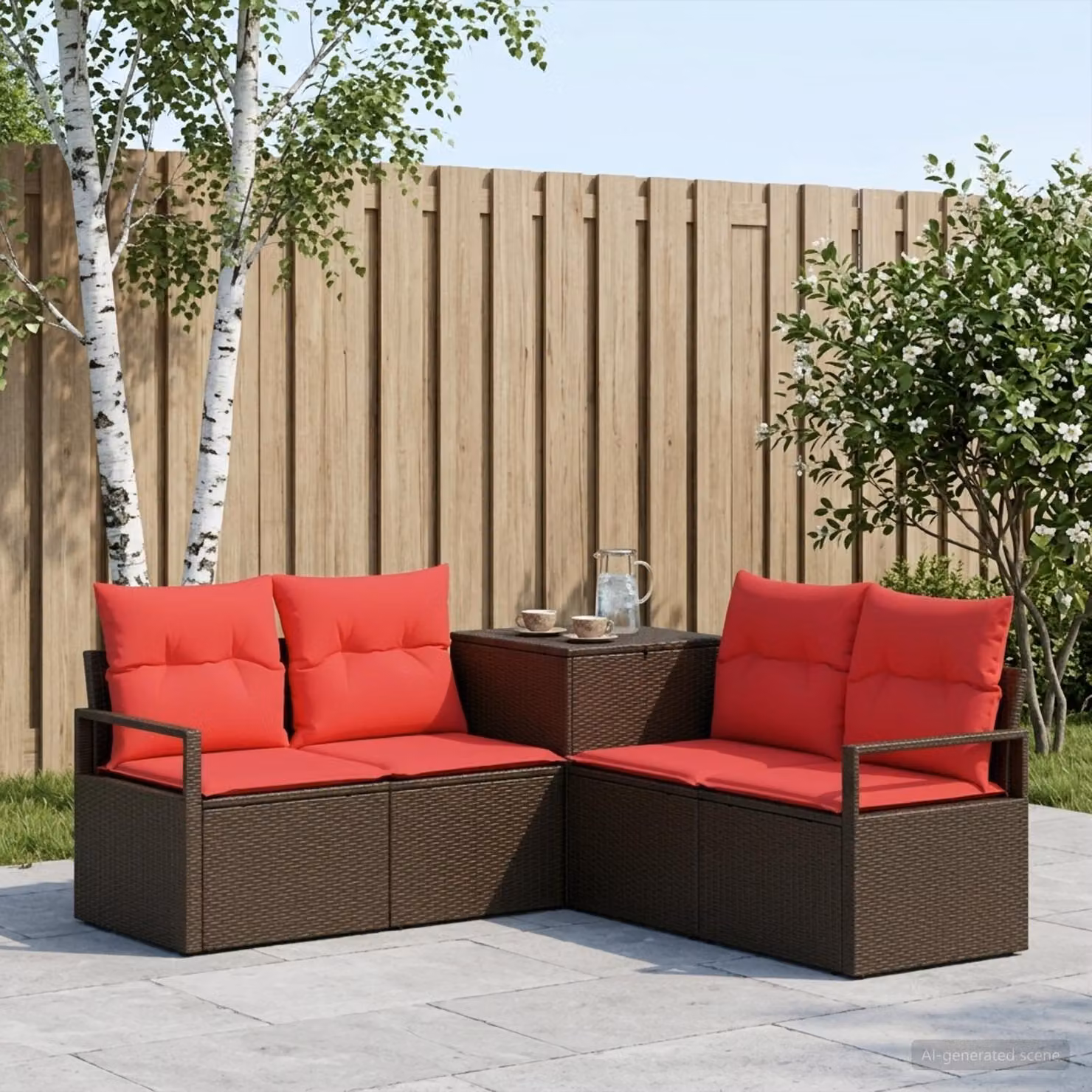 Set di divani da giardino vidaXL a forma di L in polyrattan marrone e rosso con cuscini inclusi