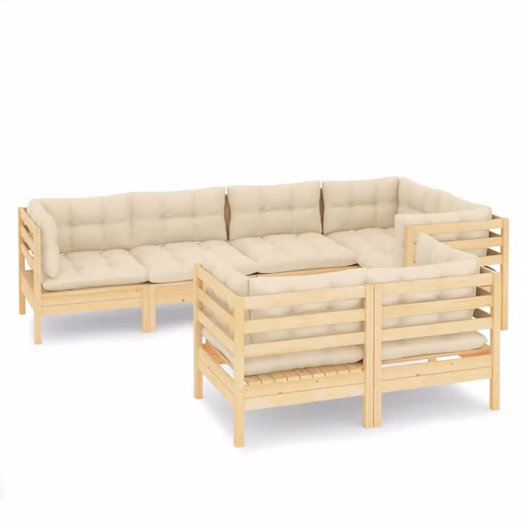 Set Divani da Giardino 7 pz con Cuscini Crema Massello di Pino