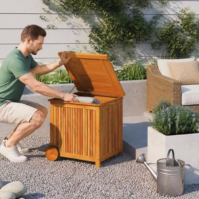 Garden Storage Box With Wheels, 60x50x58 Cm, Solid Acacia Wood