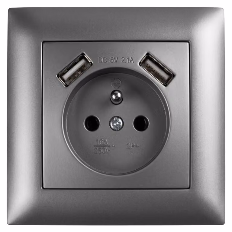 Presa Singola Con Messa A Terra Toolight Jnh003-G + Cornice + 2X Usb-A Grey