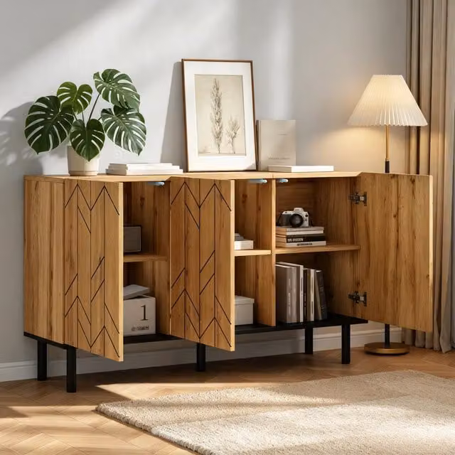Sideboard REDOM moderno con effetto onda in legno e metallo, colore marrone e nero, L 120 cm x P 35 cm x H 70 cm – 1