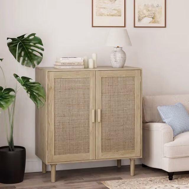 Armadio portaoggetti in rattan naturale, 80 cm, 2 ante, per soggiorno, sala da pranzo e ingresso