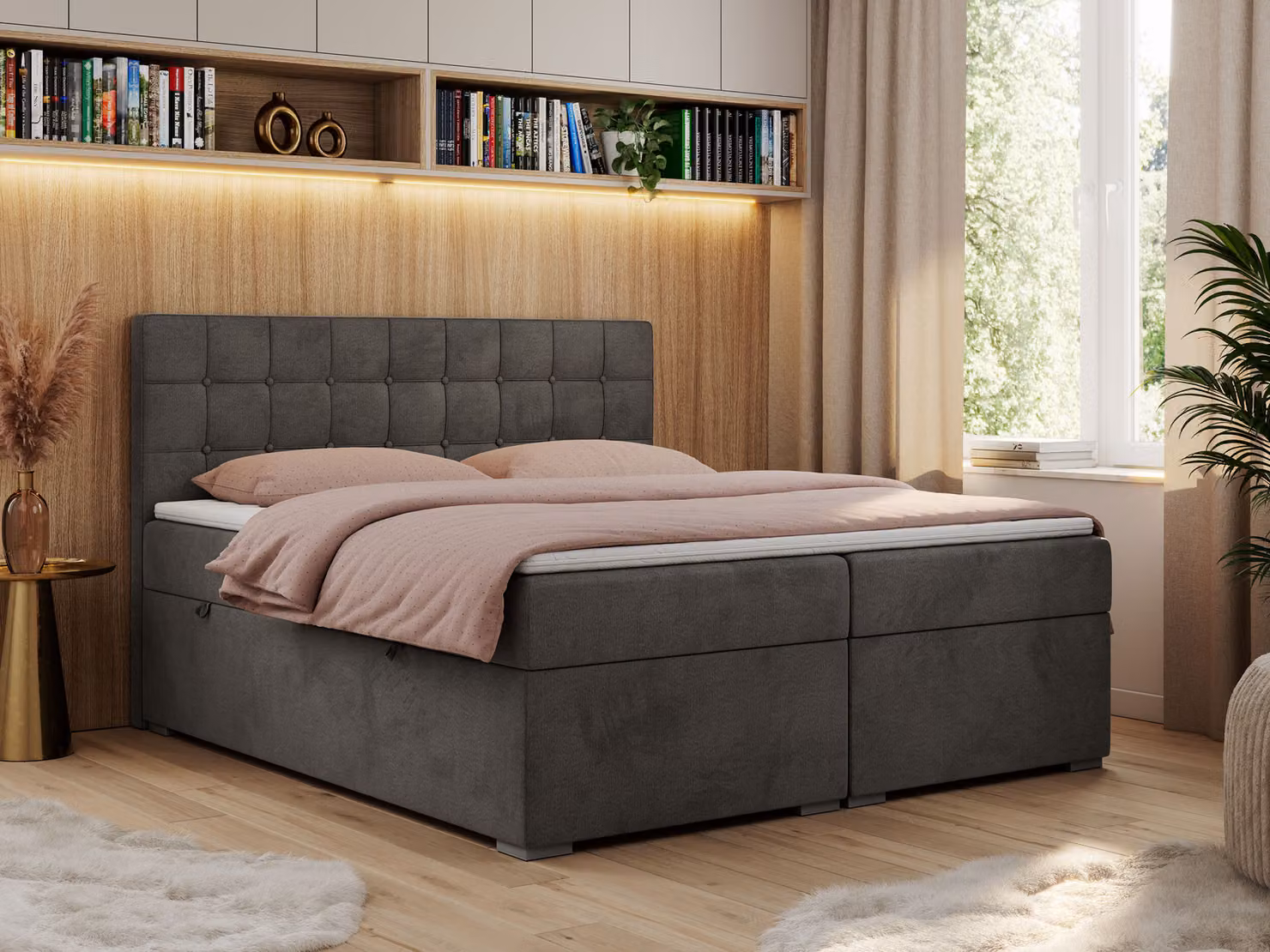 Letto boxspring, letto matrimoniale, letto imbottito con testiera, contenitore - CARMEN - 140x200 - Grigio scuro - Velvet - H4