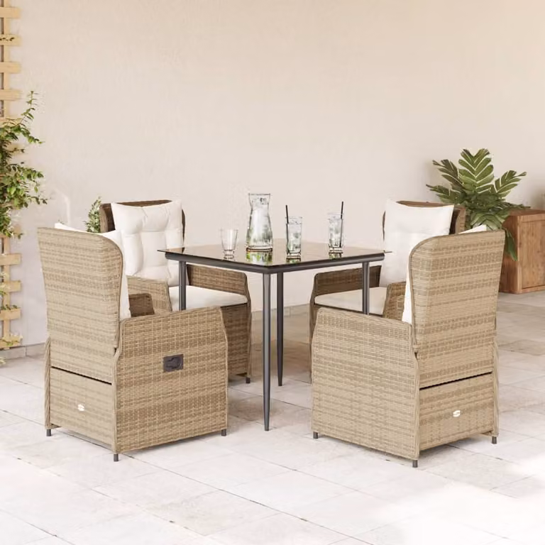 Set da Pranzo da Giardino 5 pz vidaXL in Polyrattan con Cuscini Beige e Tavolo in Vetro
