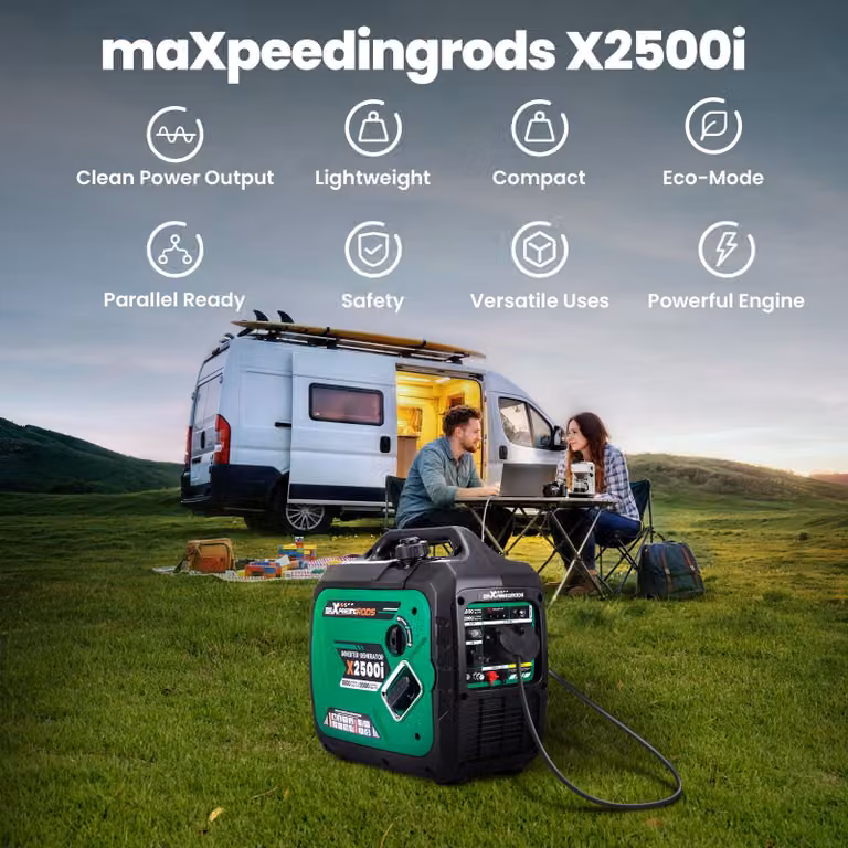Generatore inverter, potenza massima: 2000W, potenza nominale: 1800W, tipo di carburante: benzina, dimensioni: 46 x 29 x 45,5 cm, funzionamento silenzioso: 60 dB