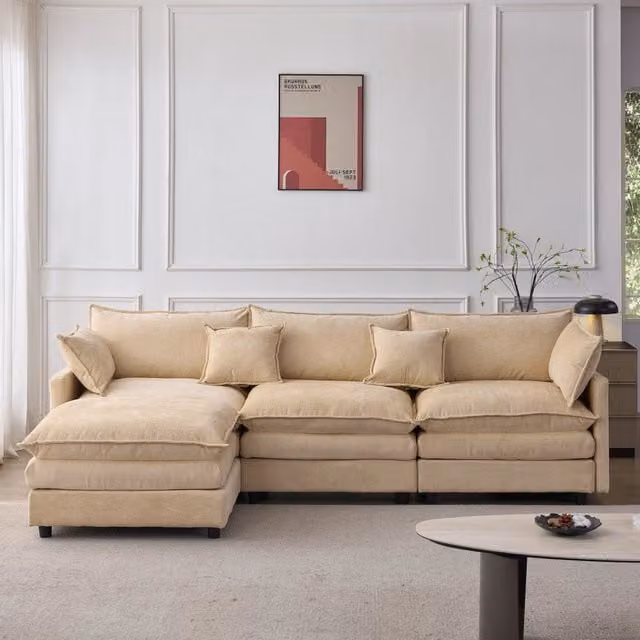 Divano angolare modulare MIVRAY a 3 posti con pouf reversibile, rivestimento in tessuto color caffè chiaro e cuscini sfoderabili