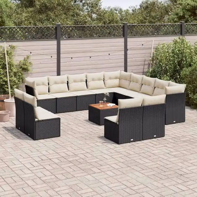 Set di Divani da Giardino a Forma di U vidaXL in Polyrattan Nero con Cuscini e Tavolino da Esterno – 1