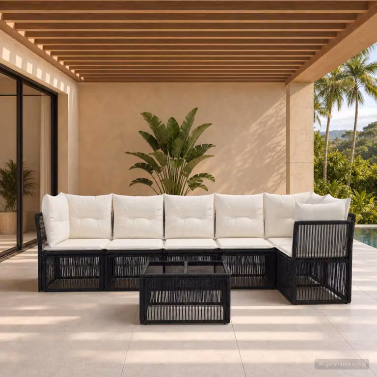 Set Divano da Giardino vidaXL 7 Pezzi a Forma di L con Tavolino, Polyrattan e Cuscini Neri