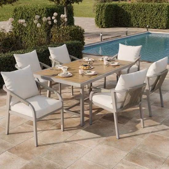 Set di mobili da giardino per 4 persone, composto da 1 tavolo e 6 sedie, in acciaio zincato, piano del tavolo in plastica, design in rattan intrecciato, color cachi + beige
