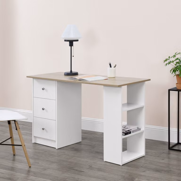 Scrivania 120x50x72cm per ufficio con cassetti bianco/quercia ripiano tavolo PC [en.casa]