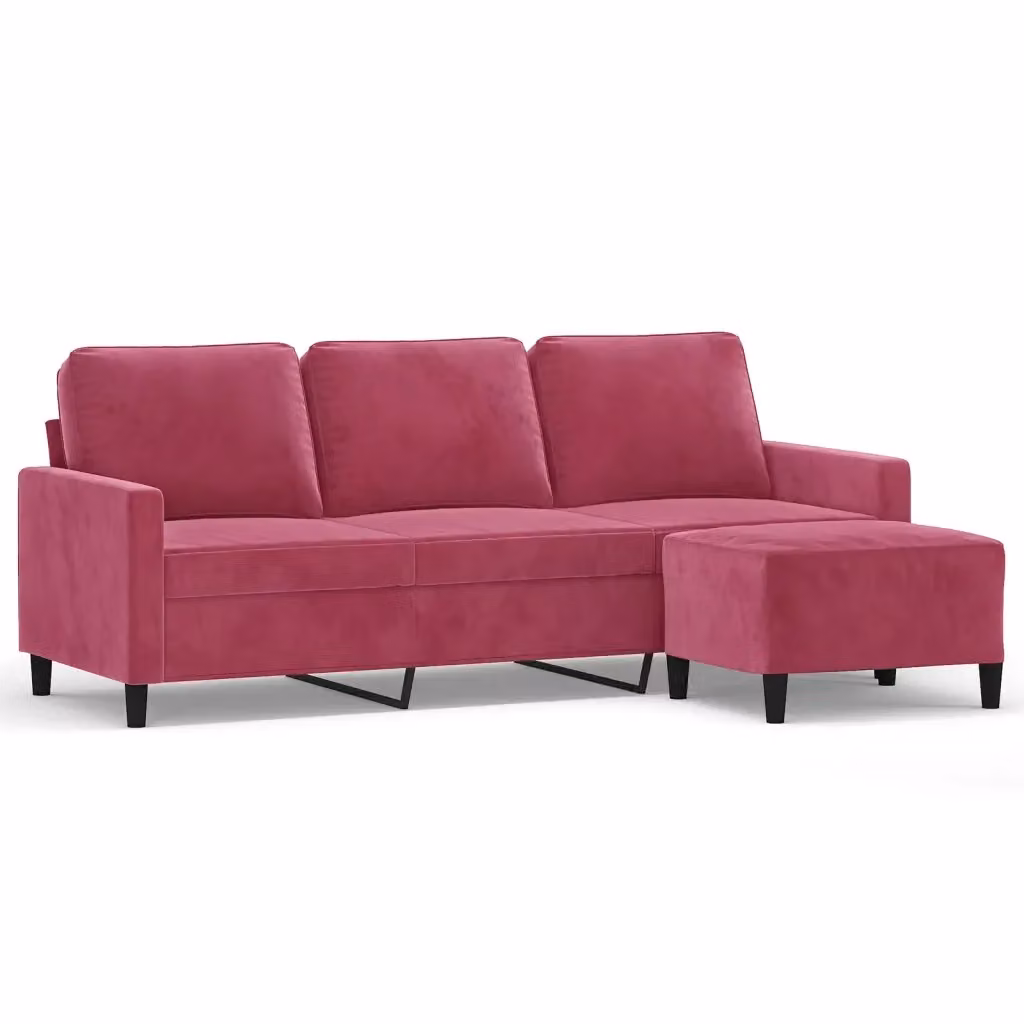 Divano a 3 posti con poggiapiedi vidaXL in velluto rosso e rosa L: 198 cm, P: 80 cm, H: 77 cm – 2