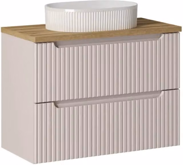 Set VANO cachemire e quercia 80cm: mobile sottolavabo con cassetti + piano per lavabo + lavabo da appoggio bianco scanalato
