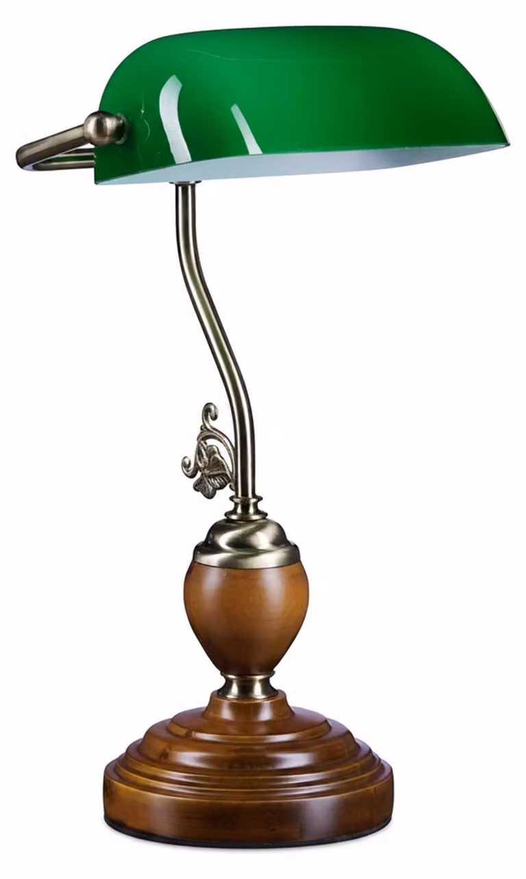 Lampada da scrivania Relaxdays con base in legno, lampada da scrivania retrò, effetto ottone, A x L x P: 26,5 x 43 x 18 cm, legno/vetro/metallo, verde