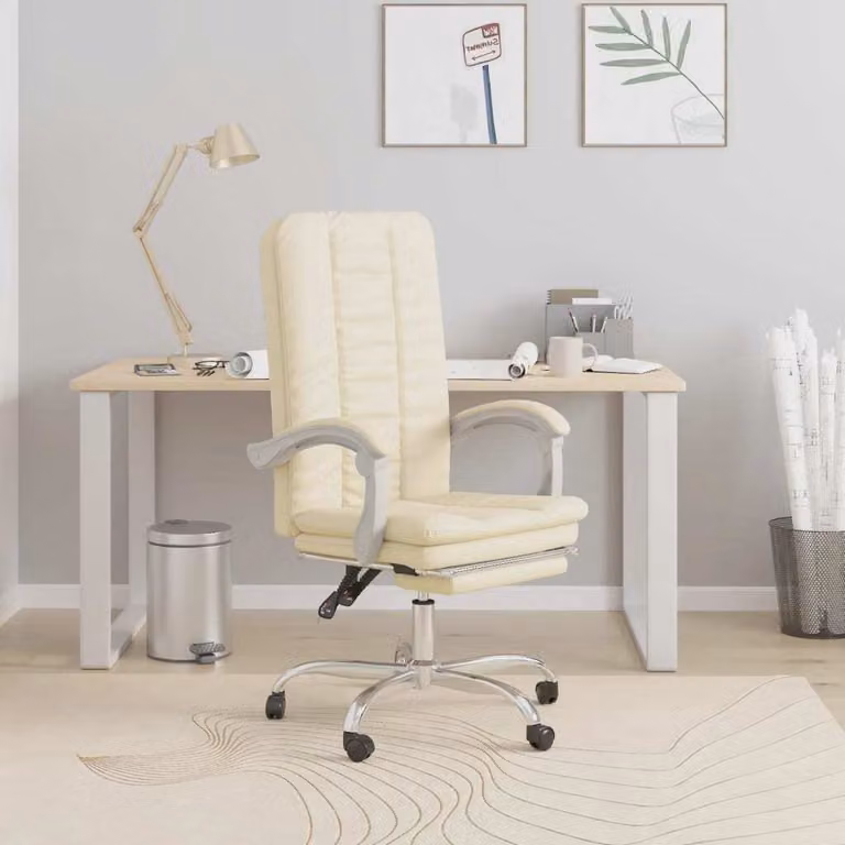 The Living Store Sedia da ufficio con funzione reclinabile in ecopelle crema