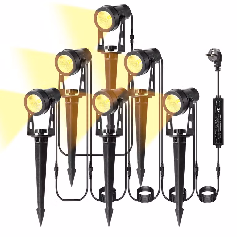 Set di 6 lampade da giardino a LED, cavo da 21 metri, 18W, 3000K, grado di protezione IP65, luce bianco caldo