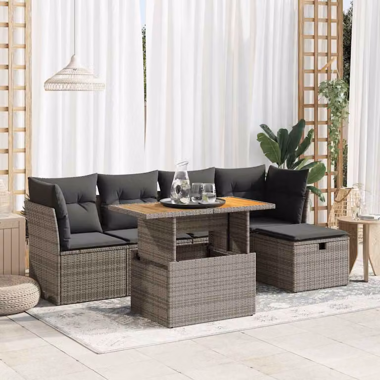 Set Divano da Giardino vidaXL 6 Pezzi con Cuscini in Polyrattan e Legno di Acacia Grigio