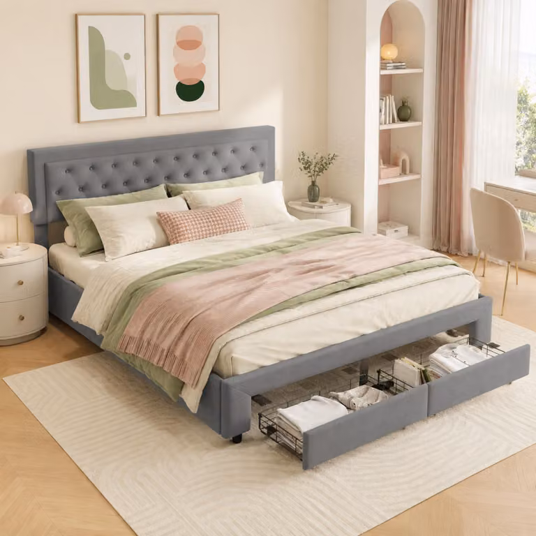 Letto con rete a molle INONEFT, 160x200 cm, con 2 cassetti, struttura imbottita con sistema idraulico per lo spazio contenitivo, letto matrimoniale con contenitore e rete a doghe, colore grigio lino