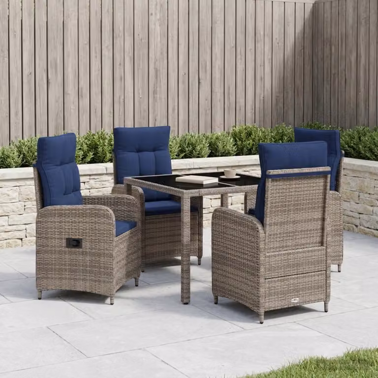 Set da pranzo per esterni vidaXL in polyrattan moderno da 5 pezzi con tavolo in vetro, disponibile in grigio o blu