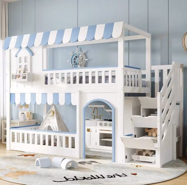 Letto a castello per bambini 90x200 cm con scala contenitore bianco e blu HAVRYA