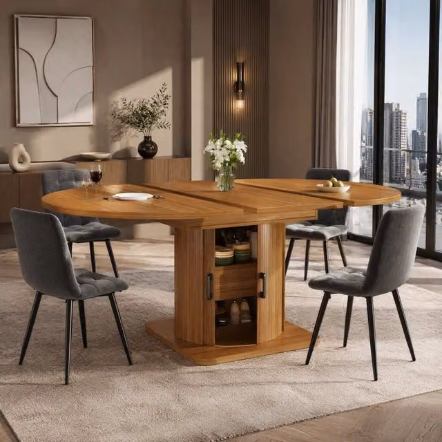 Set tavolo da pranzo allungabile 158x118x76 cm in MDF marrone scuro, salvaspazio –