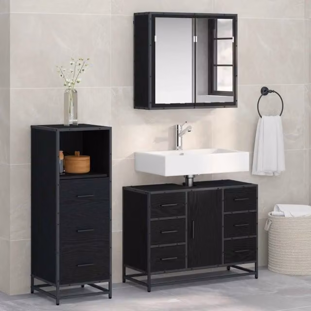 Set di mobili per il bagno 3 pz Rovere Nero 80 x 33 x 60 cm 3402538