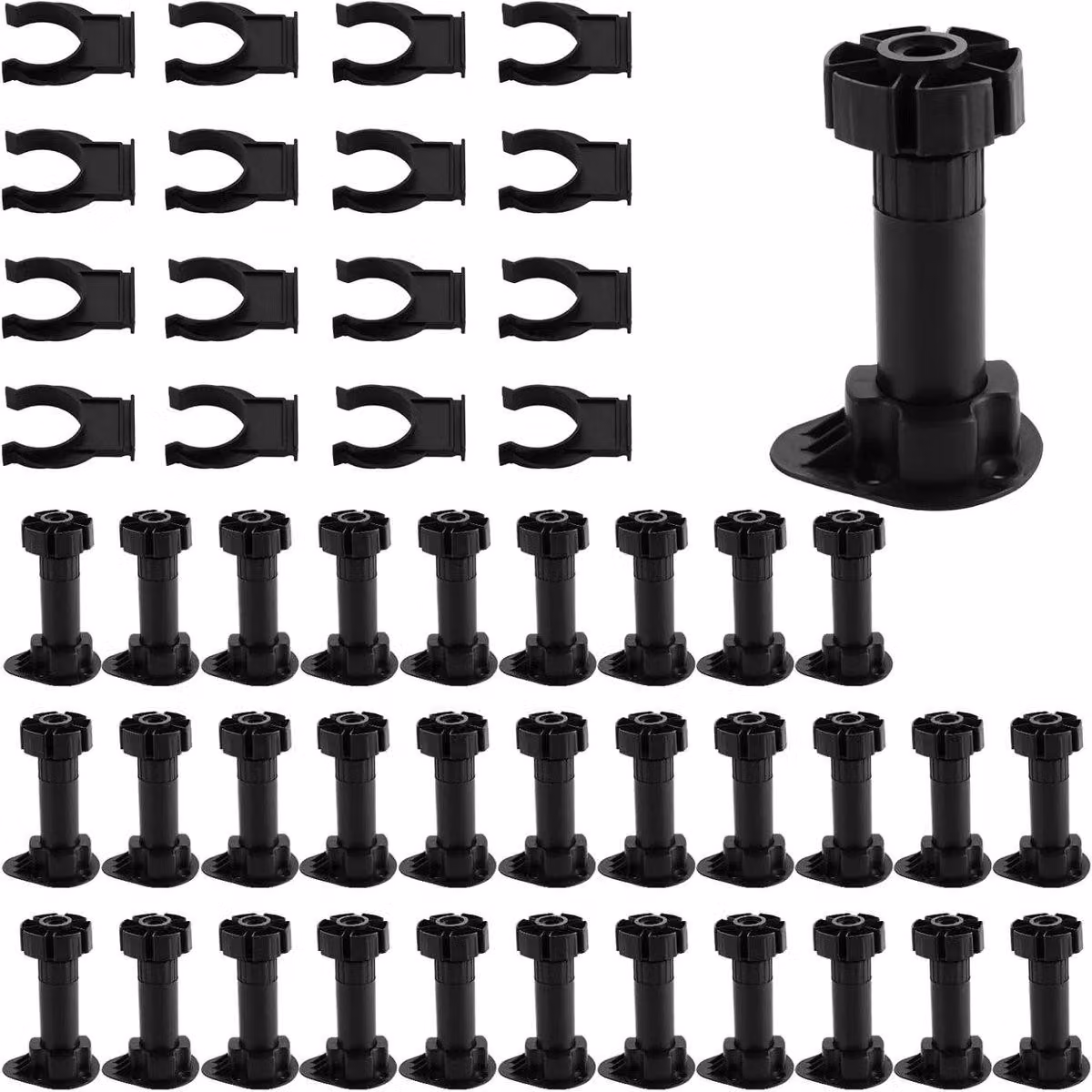 Set di 32 piedini regolabili in plastica per mobili, adatti per cucina e bagno, con altezza da 100 a 120 mm e dotati di robuste clip per una maggiore stabilità