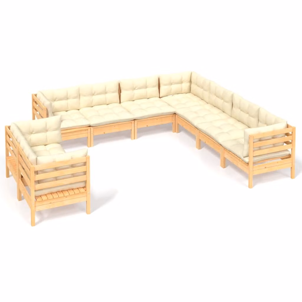 Set Divani da Giardino 9 pz con Cuscini Crema Massello di Pino