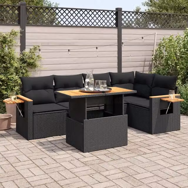 Set Divano da Giardino 6 pz con Cuscini Nero Polyrattan Acacia 3327597