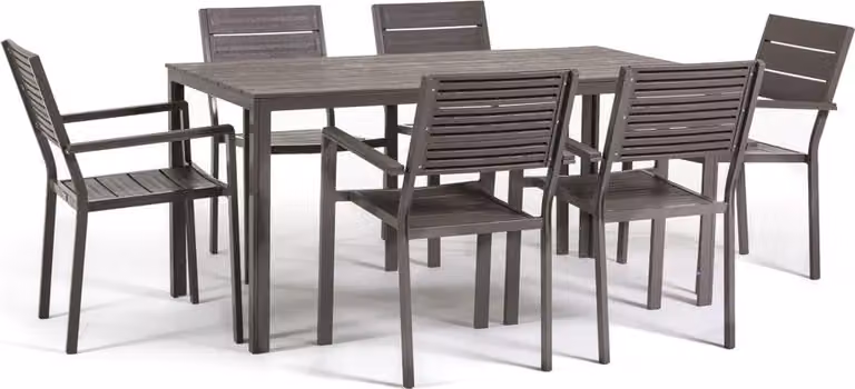 Set da giardino con tavolo rettangolare 180×90 cm in acciaio e polietilene effetto legno e 6 sedie impilabili - design moderno, robusto e armonioso per patio, giardino e veranda - THOMAS + ADELE - Taupe