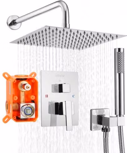 Set Doccia VEVOR con Soffione a Pioggia Quadrato da 25 cm e Doccetta, Sistema a Parete con Colonna Rigida e Valvola in Ottone, Argento Cromato