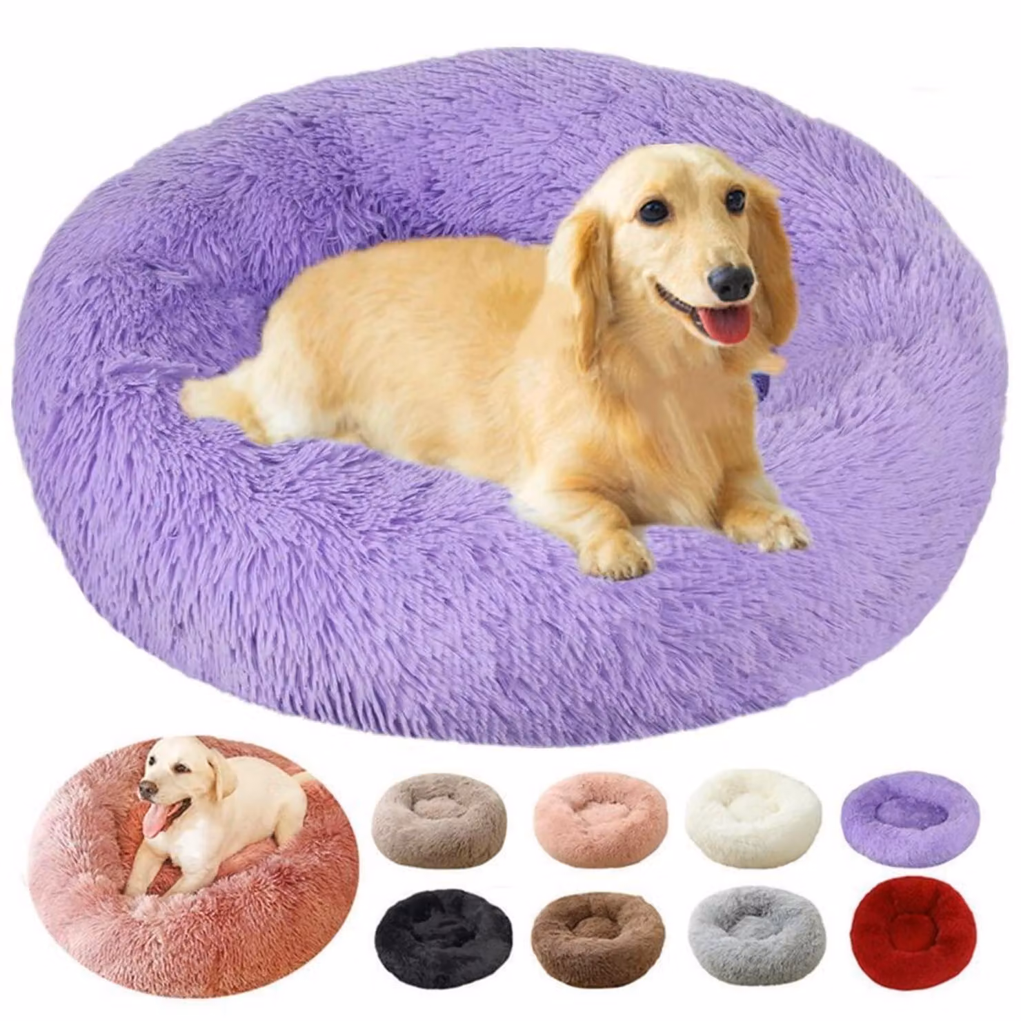 Cuccia per cani a forma di ciambella, rotonda, diametro 100 cm, color lilla, in peluche, lavabile, antistress